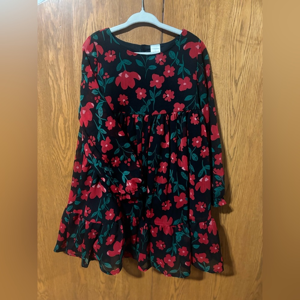 Carter’s 4T Holiday Floral Dress Black Red Long Sleeve Ruffle Tiered